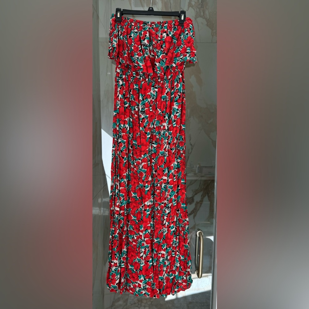 Black & Red floral flowy strapless maxi dress